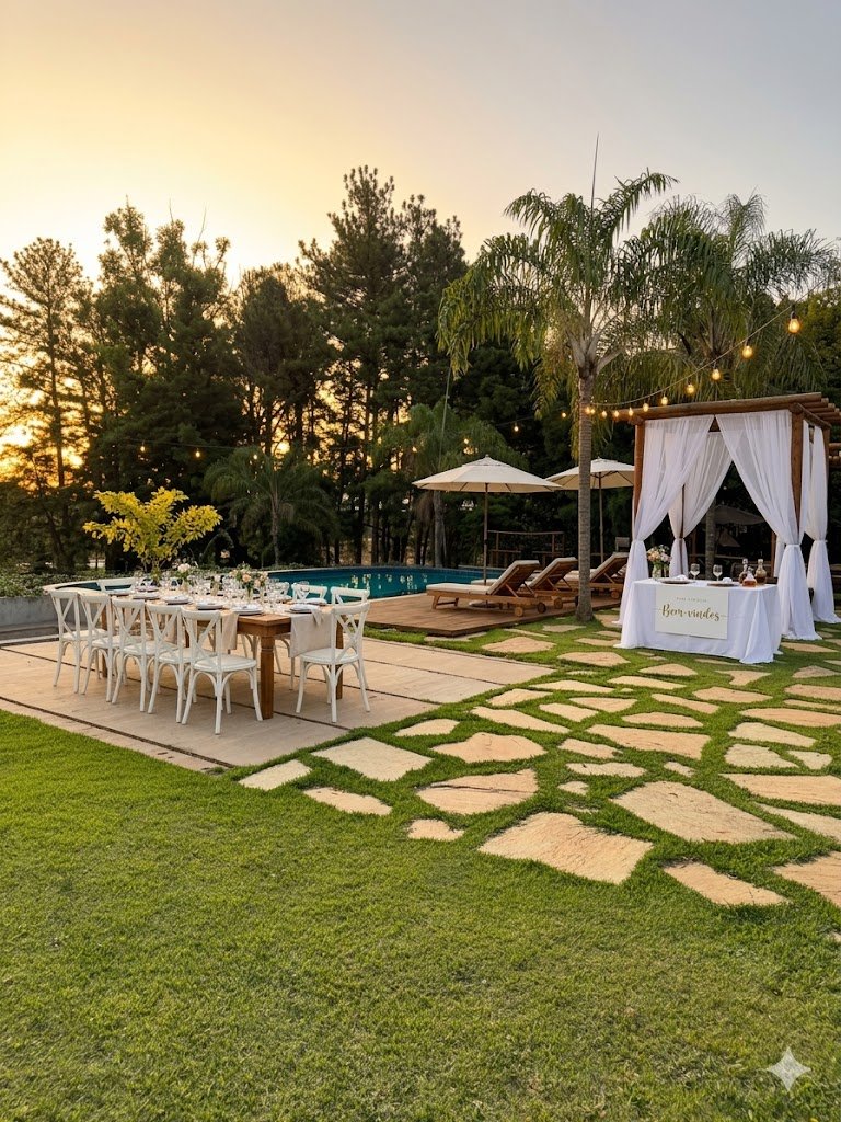 Piscina ao pôr do sol com mesa posta e amplo gramado
