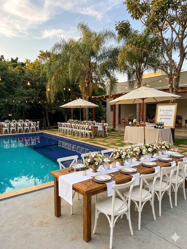 Mesa premium decorada com flores à beira da piscina
